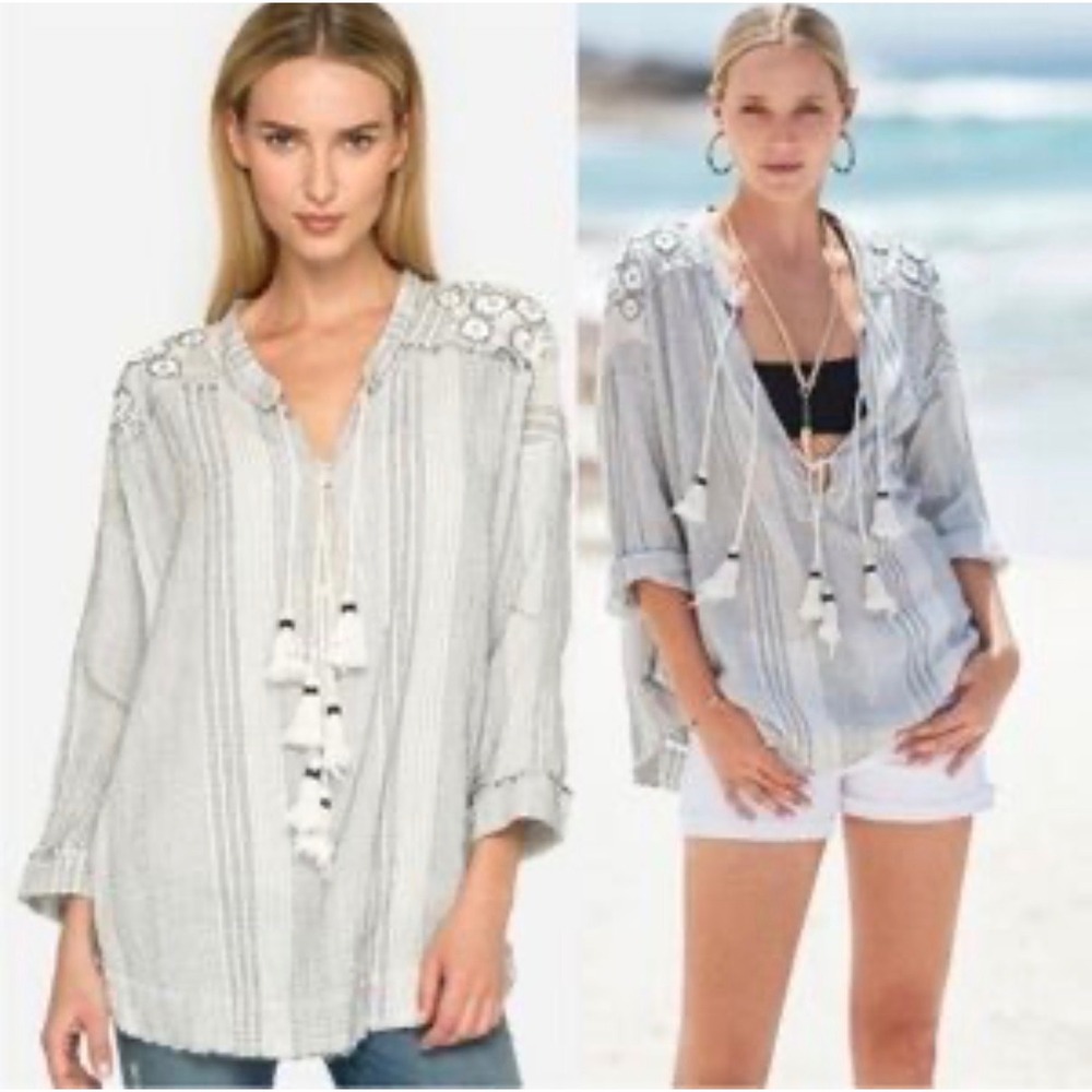 Johnny Was Jacque Blouse Women L Multi White Black Tassel Cotton New